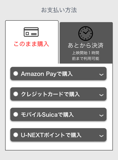 KINEZO、キネパスの支払い方法選択画面