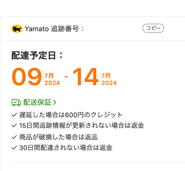 Temuの配達予定日時表示画面と遅延によるクレジット