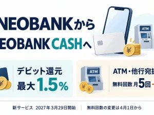 V NEOBANKからNEOBANK CASHへ。デビット最大1.5%還元、ATM・他行宛振込の無料回数は月5回から2回へ