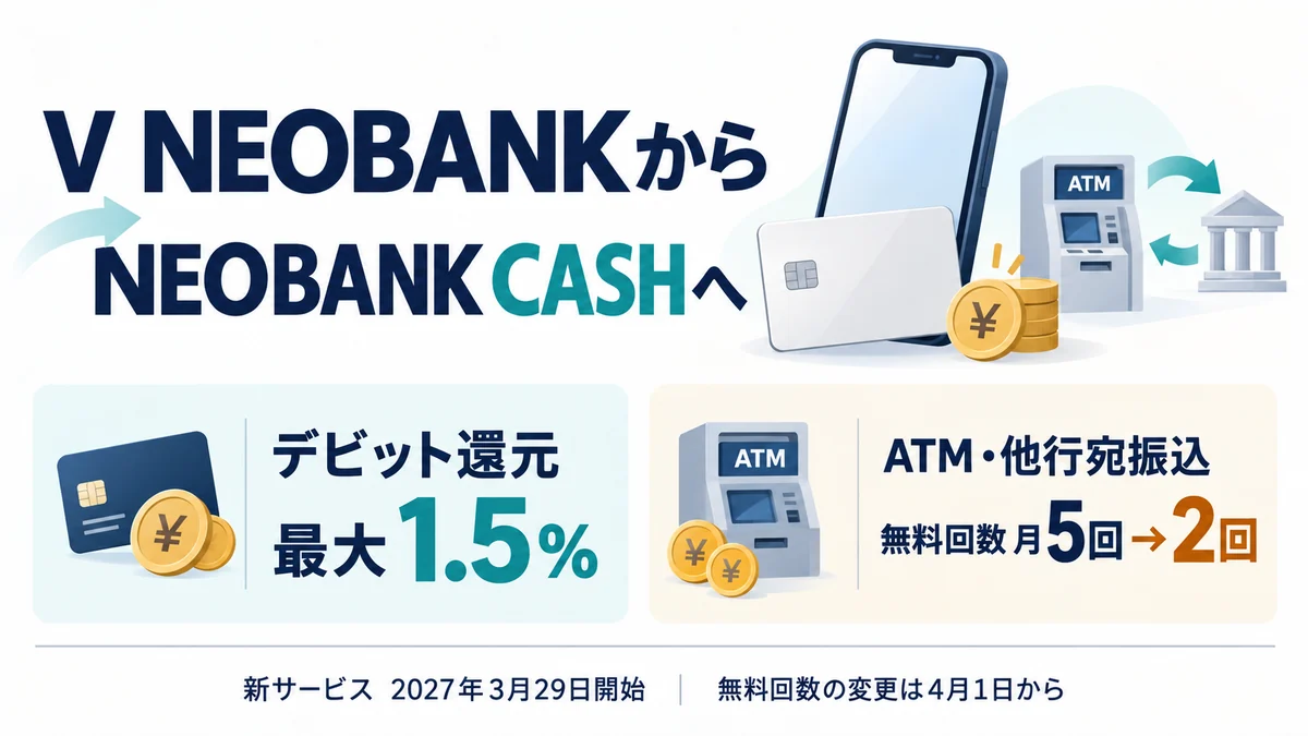 V NEOBANKからNEOBANK CASHへ。デビット最大1.5％還元、ATM・他行宛振込の無料回数は月5回から2回へ